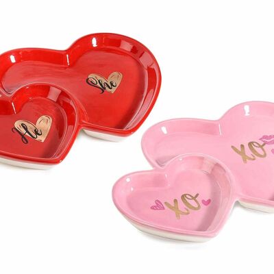 Double heart-shaped plate in shiny red and pink colored ceramic and golden Love decorations