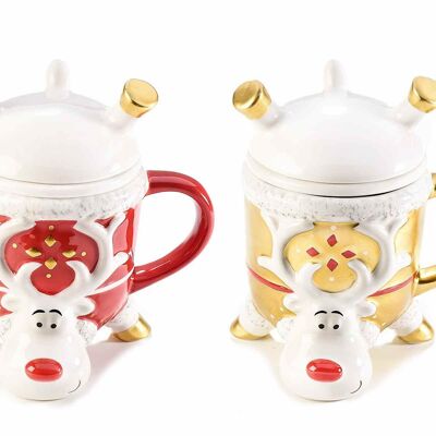 Christmas reindeer herbal tea cups with colored ceramic sweater and matt gold-like decorations design 14zero3