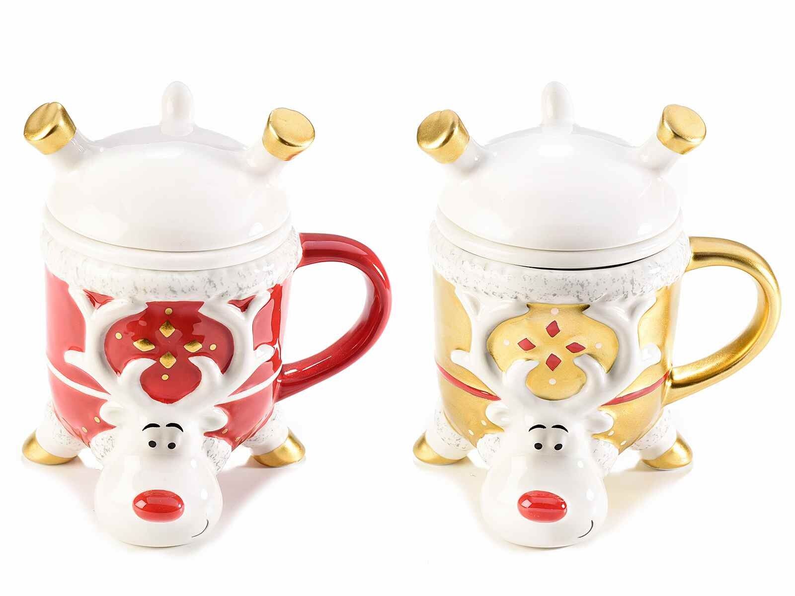 Tazze tisaniere renna natalizia con maglioncino in ceramica colorata e decori in simil oro opaco design 14zero3