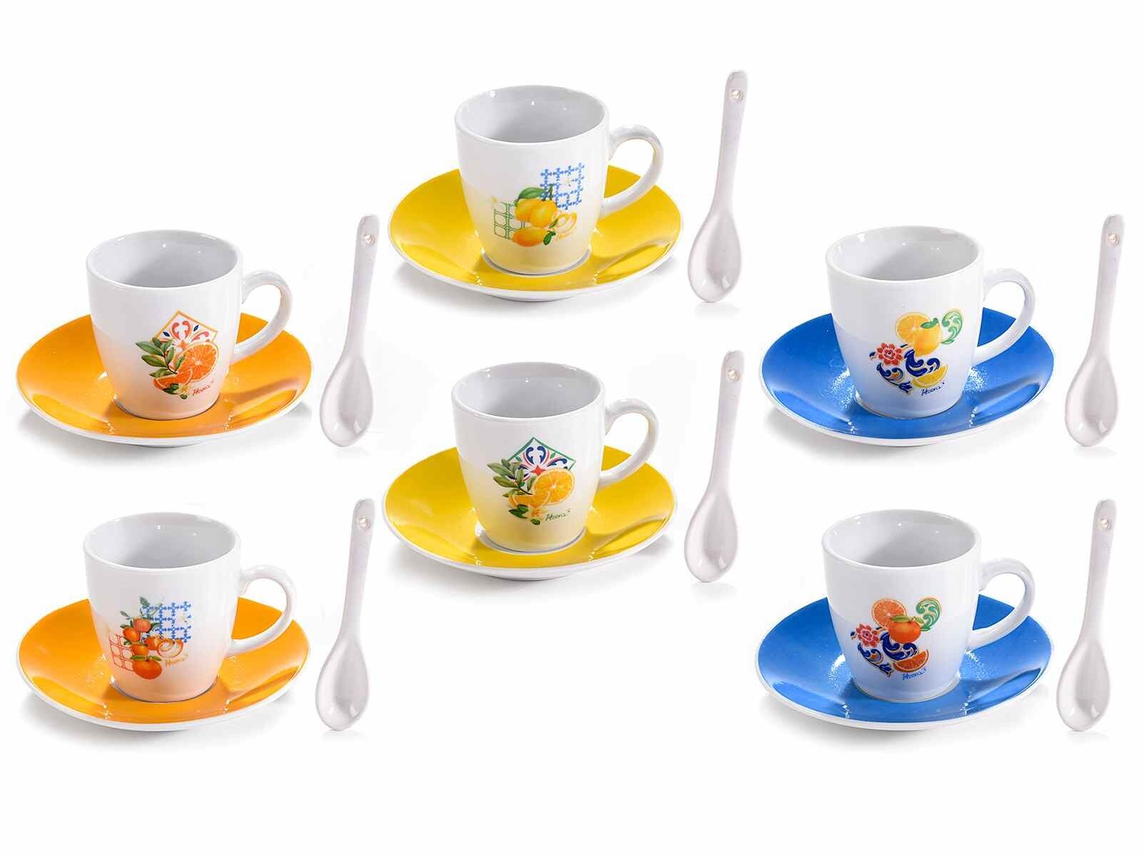 Kaffeetassen aus Keramik im mediterranen Zitrus-Design mit Untertasse und Teelöffel-Design 14zero3