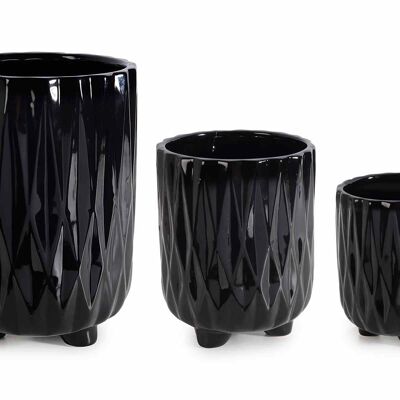 Vases en céramique noire polie travaillés en lot de 3 pièces