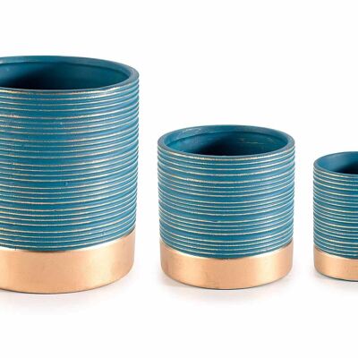 Knurled ceramic vases with golden finishes and base in a set of 3 pieces
