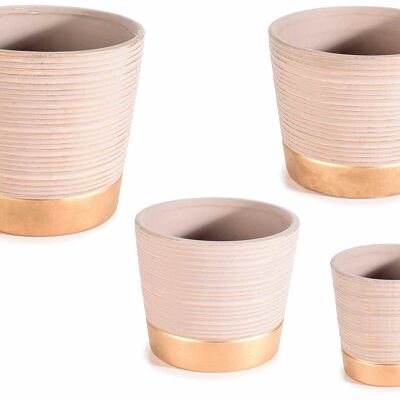 Jarrones de cerámica moleteada con acabados dorados y base en juego de 4 piezas