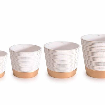 Jarrones de cerámica moleteada con acabados dorados y base en juego de 4 piezas