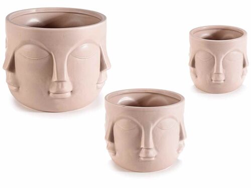 Vasi in ceramica color naturale con decoro volto in set da 3 pezzi