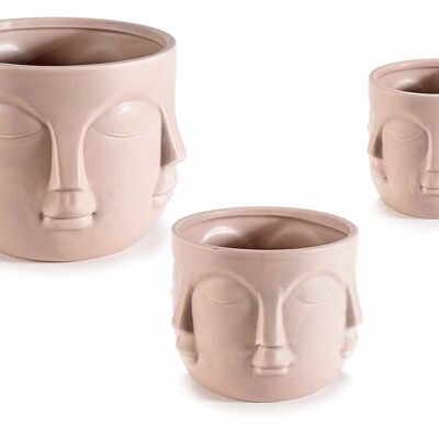 Natural colored ceramic vases with face decoration in a set of 3 pieces