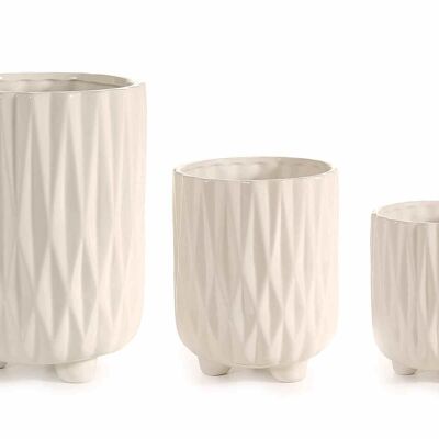 Vasi in ceramica lucida lavorata color crema in set da 3 pezzi