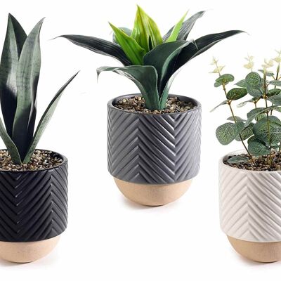 Gerändelte Keramikvasen mit künstlicher Pflanze