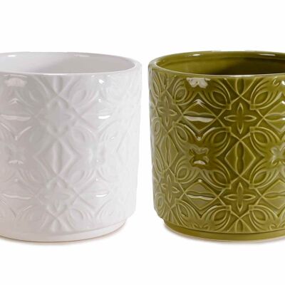Colored glossy ceramic vases with relief decorations