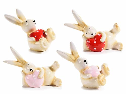 Coniglietti decorativi in ceramica lucida con cuore a pois in set da due pezzi