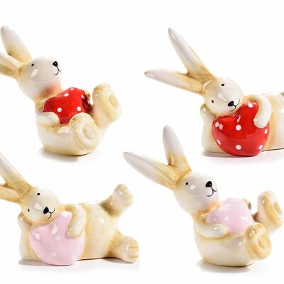 Lapins décoratifs en céramique brillante avec coeur à pois en lot de deux pièces