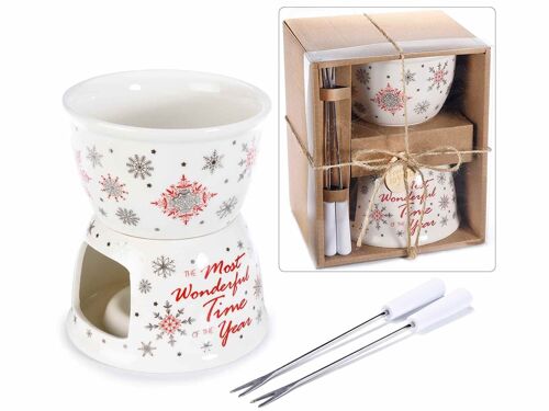 Set fondue chocolat in porcellana con decori natalizi argento in scatola regalo