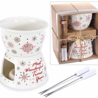Porcelain chocolate fondue set with silver Christmas decorations in gift box