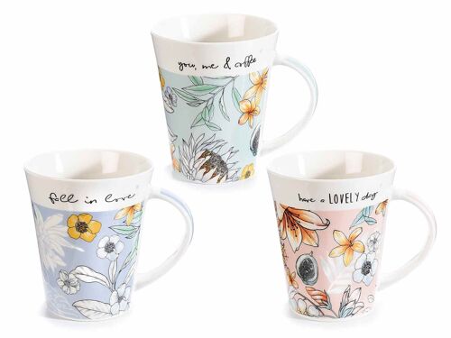 Tazze mug in porcellana decorata con fiori e scritte