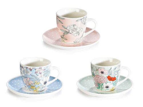 Tazzine da caffé in porcellana con piattino e decoro a fiori