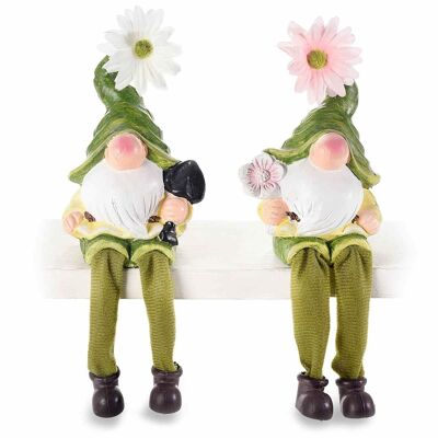 Long-legged spring gnomes in colored terracotta with flower on the hat