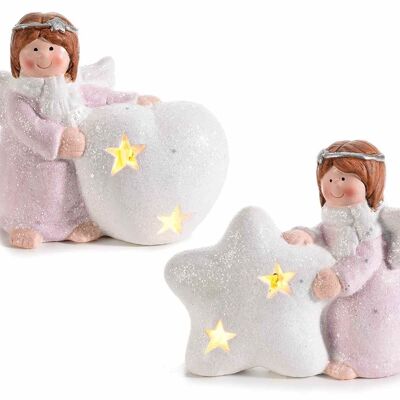 Decorative ceramic angels with heart/star decoration, LED light and glitter