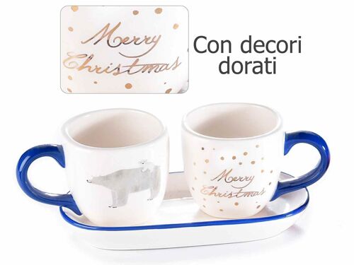 Tazzine da caffé natalizie in ceramica con dettagli oro e piattino in set da 2 pz