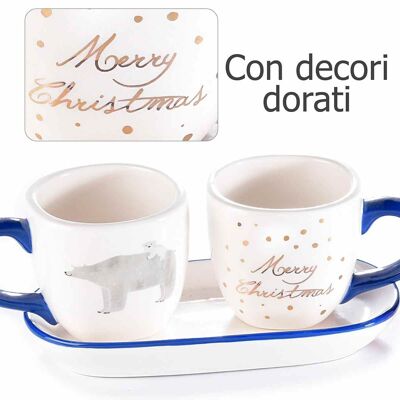 Tasses à café de Noël en céramique avec détails dorés et soucoupe en lot de 2