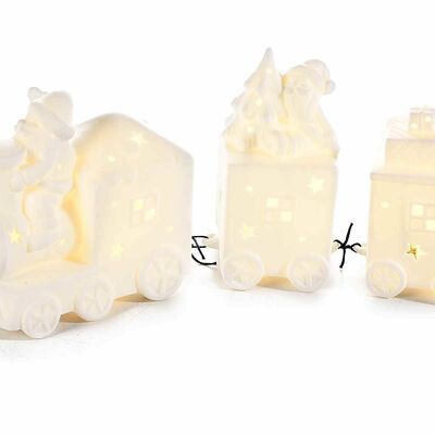Trenini natalizi in ceramica opaca bianca con decori stella e luci led bianco caldo
