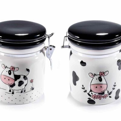 Ceramic jars/biscuit jar/food container/dessert jar with cow decoration in relief and hermetic seal