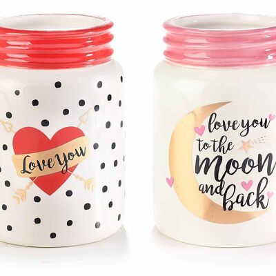 Colored glossy ceramic container jars with golden writing and decorations