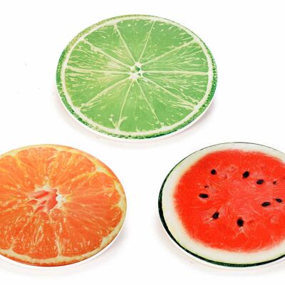 Macetero de cerámica brillante con base de corcho, diseño de frutas