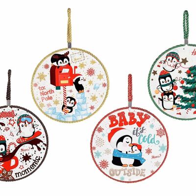 Hanging Christmas saucers in glossy ceramic with cork base, Pinguini design 14zero3