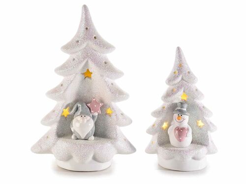 Alberi natalizi luminoso in ceramica con glitter e personaggio natalizio in set da 2 pz