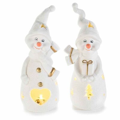 Bonhommes de neige en céramique mate avec paillettes et lumières LED