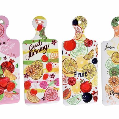 Cutting board trivet with summer fruit decorations in shiny ceramic and cork base