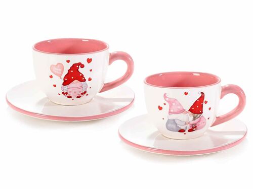 Tazze in ceramica con piattino e decori "Gnometti innamorati" San Valentino