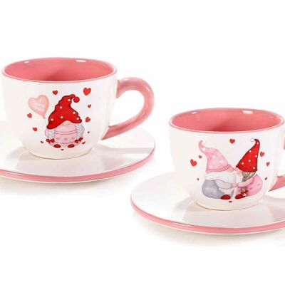 Ceramic cups with saucers and "Loving Gnometti" Valentine's Day decorations