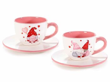Tasses en céramique avec soucoupes et décorations "Loving Gnometti" pour la Saint-Valentin