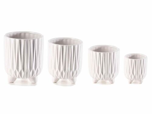 Vasi in ceramica bianca lucida con decori intagliati in set da 4 pezzi