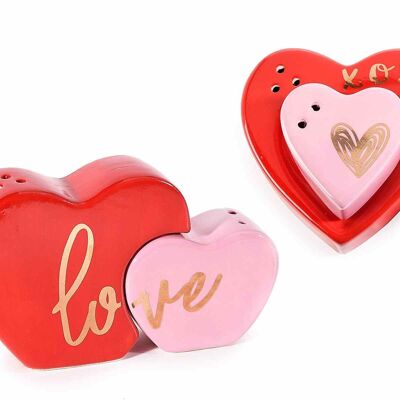 Heart-shaped salt and pepper set in colored ceramic and golden writing