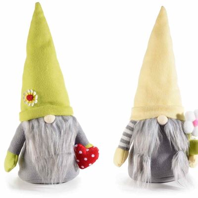 Forest gnomes in padded cloth with decoration in hand