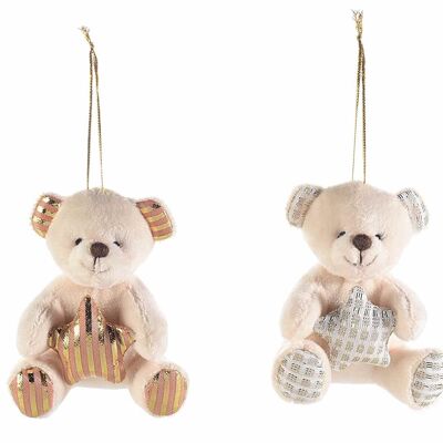 Plush bears with printed and gold lamé decorations to hang