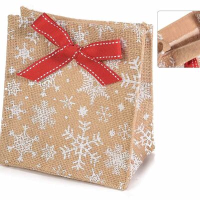 Sacchetto natalizio per confezioni regalo in juta con chiusura a velcro e fiocco rosso