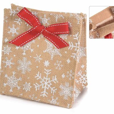 Sacchetto natalizio per confezioni regalo in juta con chiusura a velcro e fiocco rosso