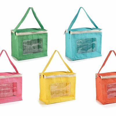 Colored jute bags with transparent PVC window, shoulder strap and zip