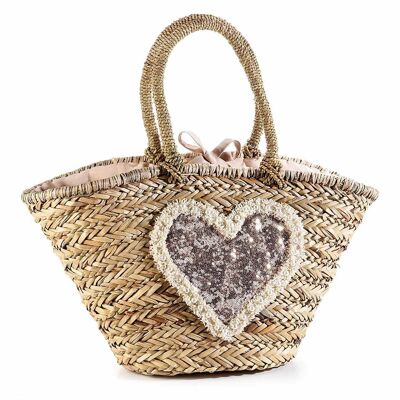 Women's straw beach bags with pink heart of pearls and sequins, fabric interior and ribbon closure