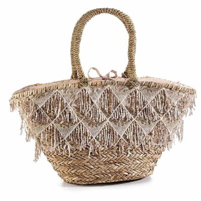 Straw beach bags with sequin fringes, fabric interior and ribbon closure