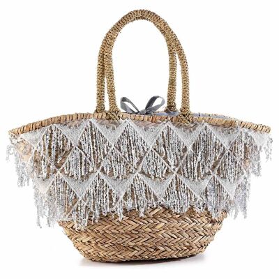 Straw bags with sequin and bead pendants and fabric interior