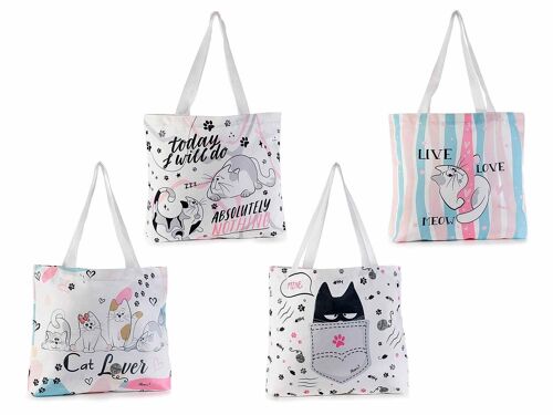 Borse moda donna shopper con stampa "Happy cats" e manici in tela design 14zero3