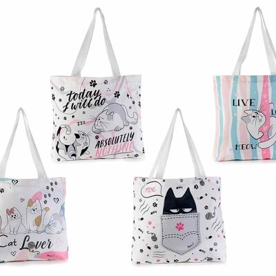 Bolsos shopper de moda para mujer con estampado "Happy cats" y asas de lona diseño 14zero3