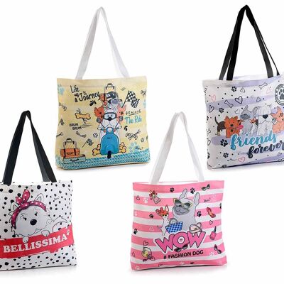 Women's fashion shopper bags with "Happy dogs" print and 14zero3 design canvas handles
