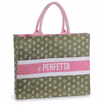 ''Perfetta'' military green fabric tote bag with handles and zip closure