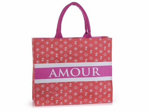 Borsa tote bag in tessuto rossa design ''Amour'' con manici e chiusura a zip