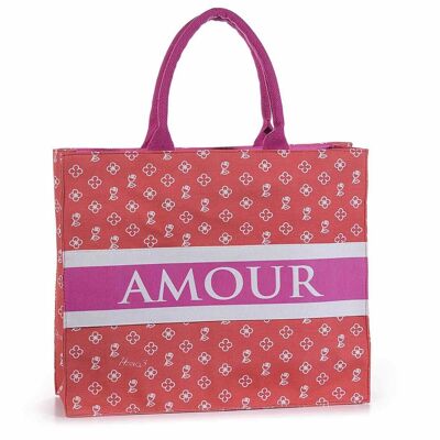 Red fabric tote bag ''Amour'' design with handles and zip closure